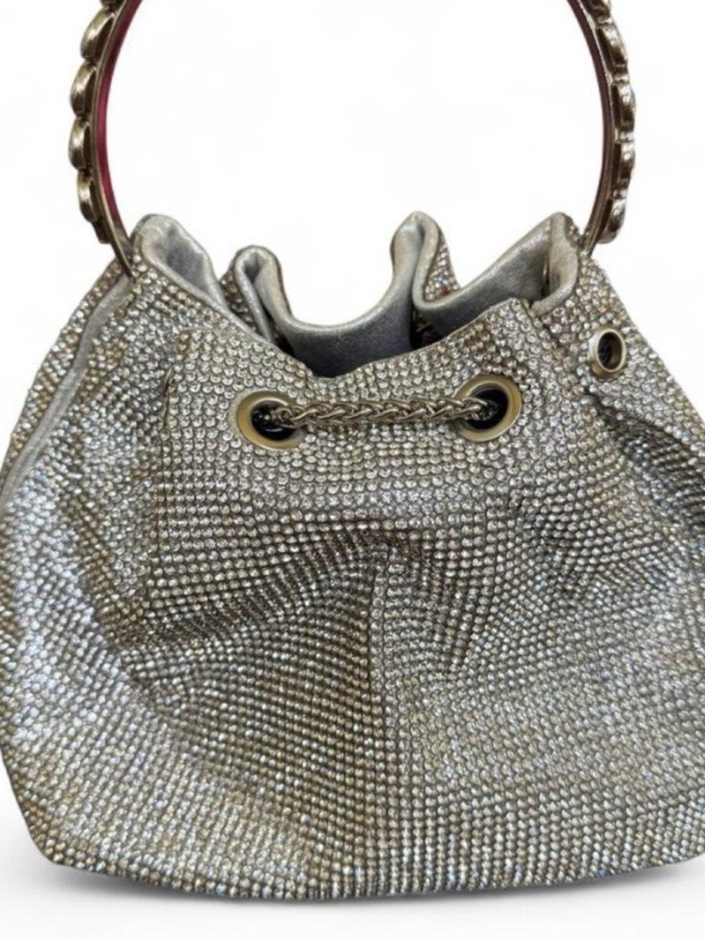 Silver Crystal-Embellished Drawstring Handbag